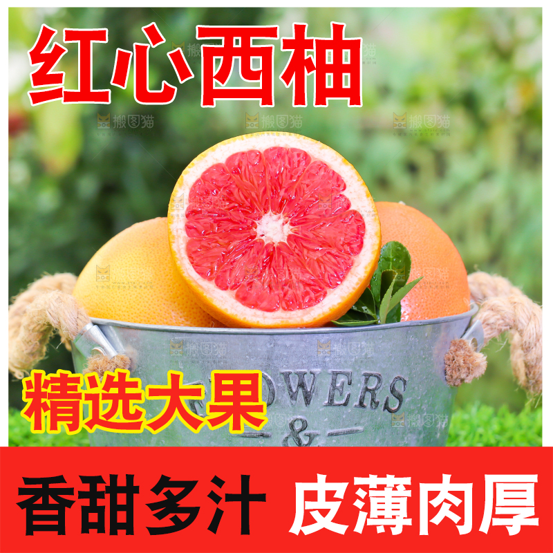 草地上放着一桶切开的红心西柚