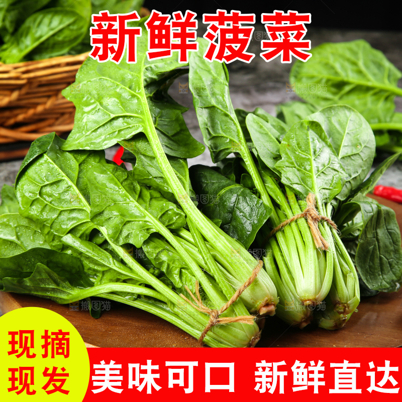 木板上放着绿色菠菜