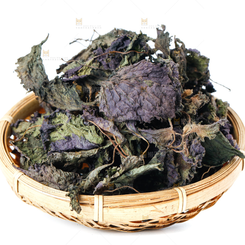 一筐干紫苏叶放在白底上