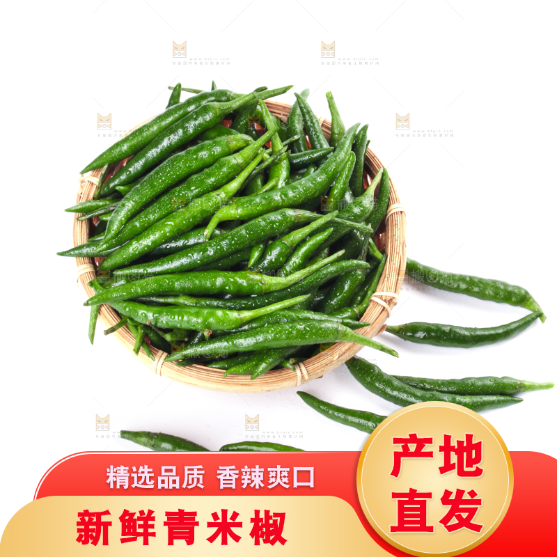 白底上放着一筐新鲜青米椒