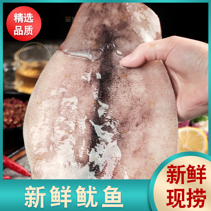 黑石板上摆放着鱿鱼