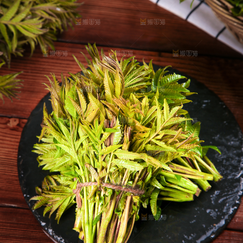 黑石板上的香椿芽