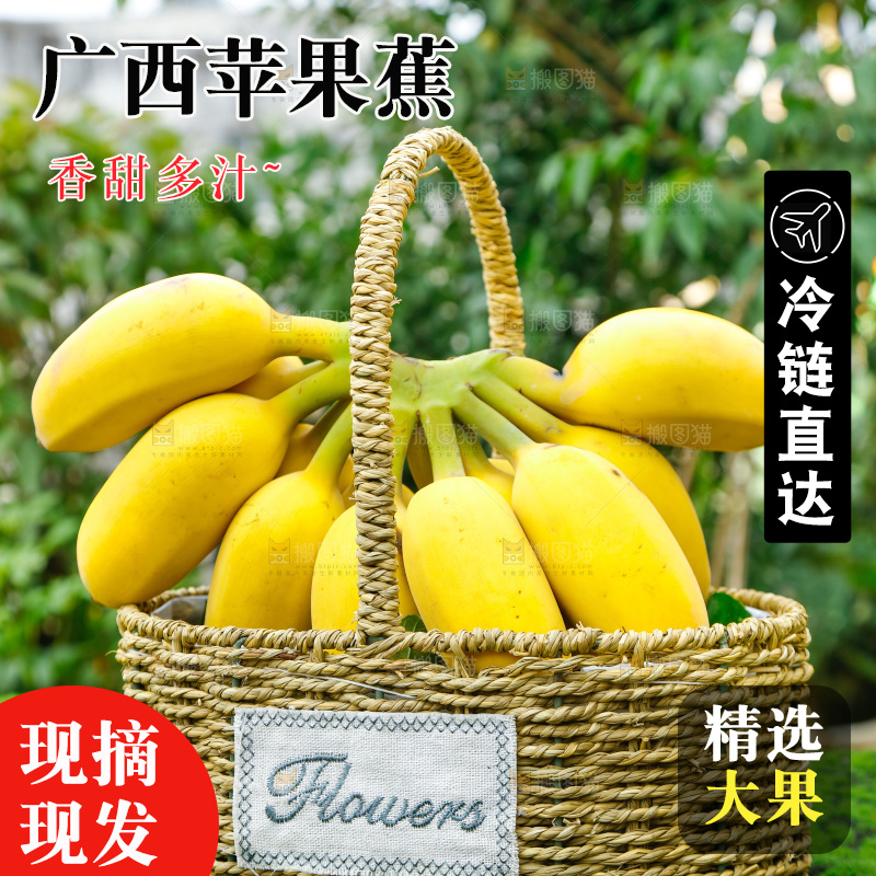 草地上放着一筐海南苹果蕉
