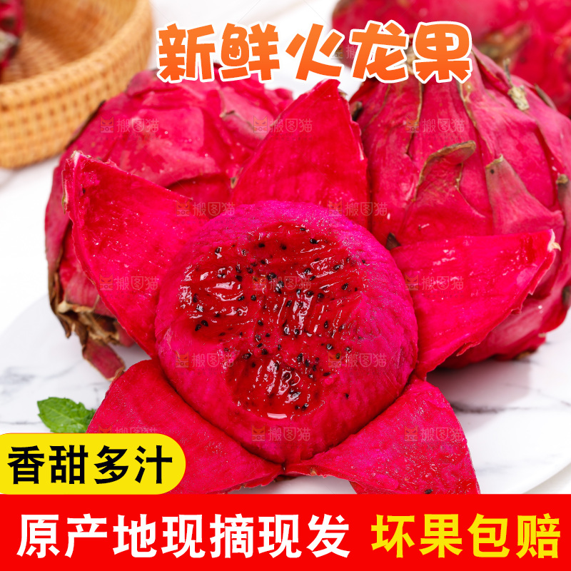 白底上摆放着红心火龙果