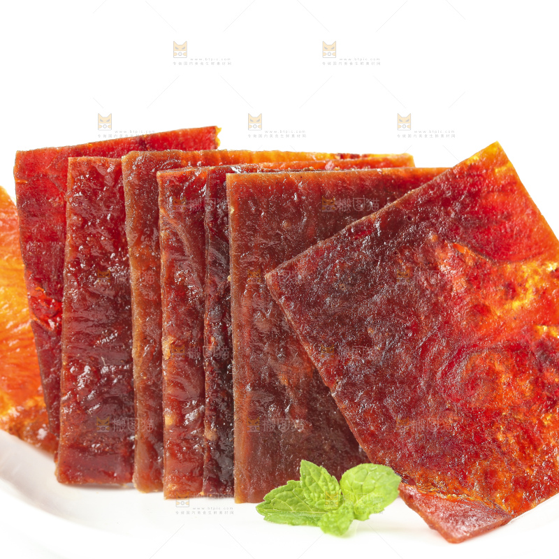 白底上摆放着猪肉脯干