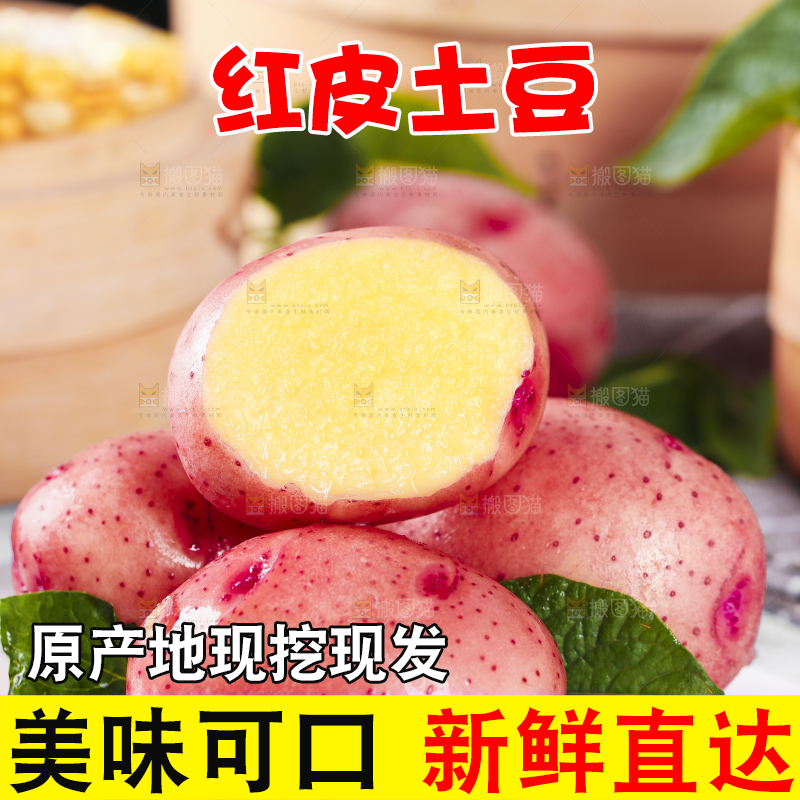 白底上摆放着红皮土豆