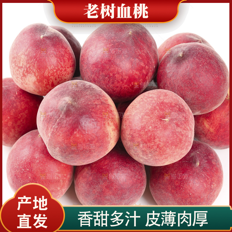 白底上放着新鲜血桃