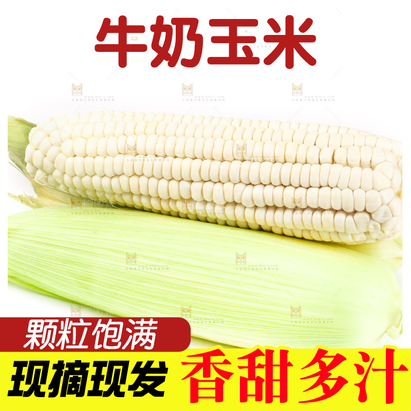 白底上摆放着牛奶水果玉米