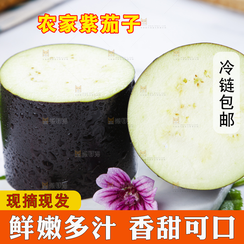 白底上摆放着紫茄子