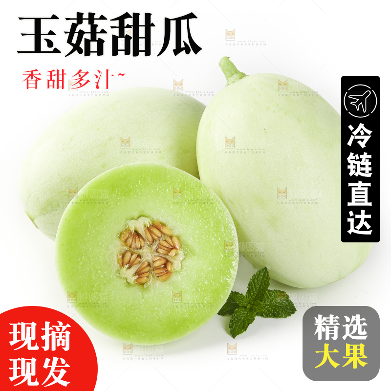 白底上摆放着玉菇蜜瓜