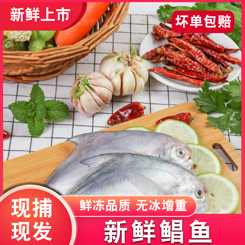 木板上放着银鲳鱼