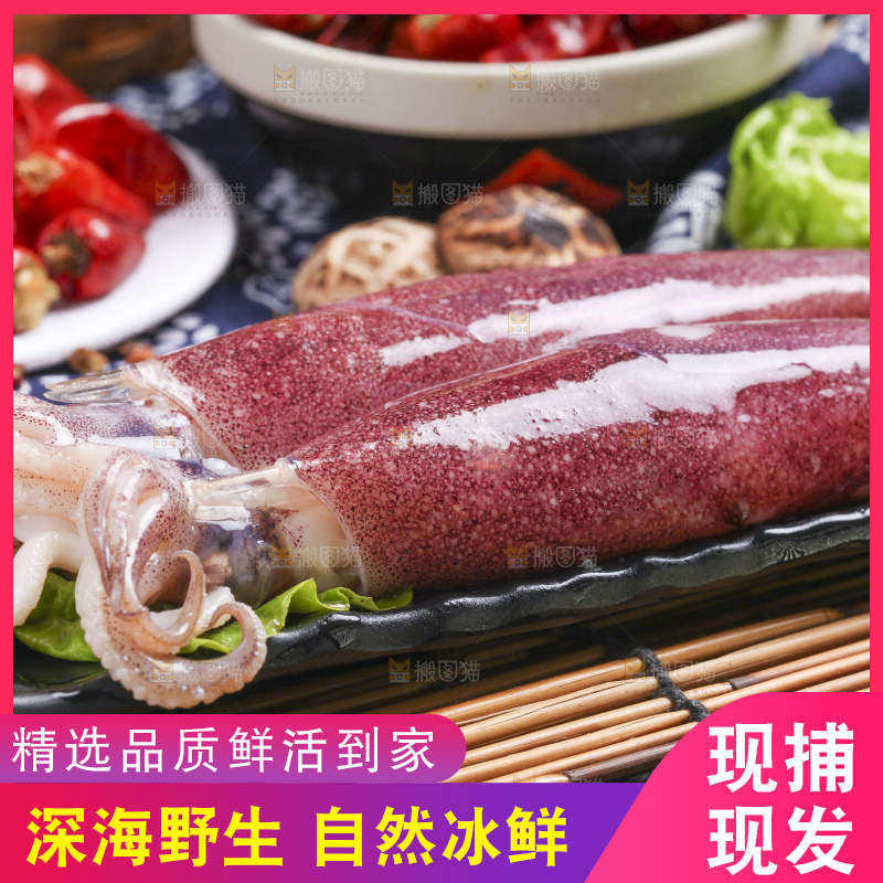 竹底上的生鲜鱿鱼