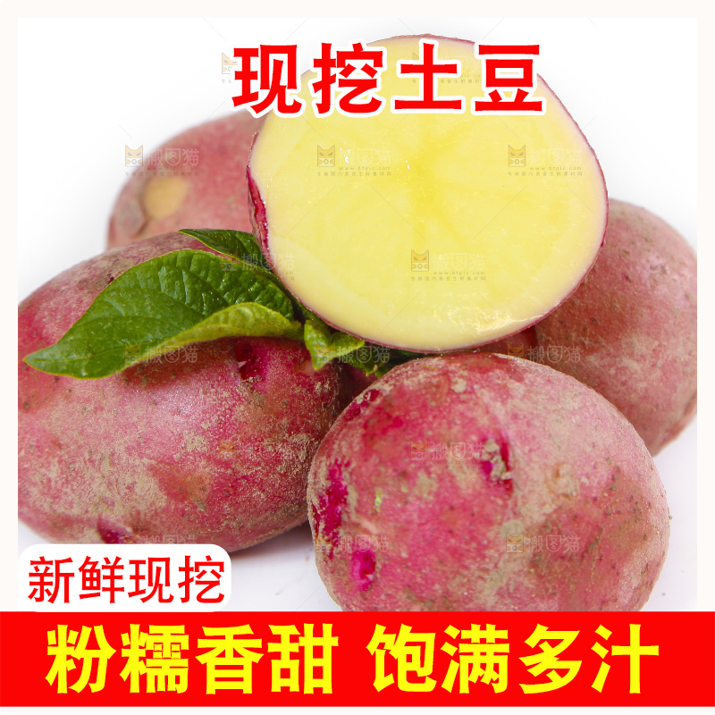 白底上摆放着红皮黄心土豆