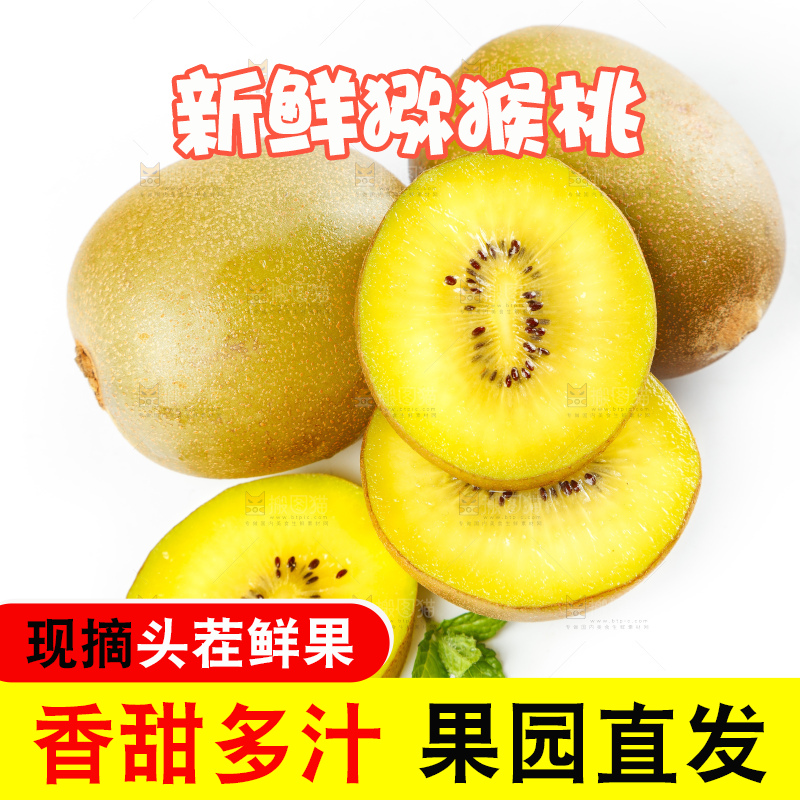 白底上摆放着新鲜黄心猕猴桃