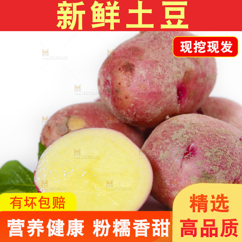 白底上摆放着红皮黄心土豆