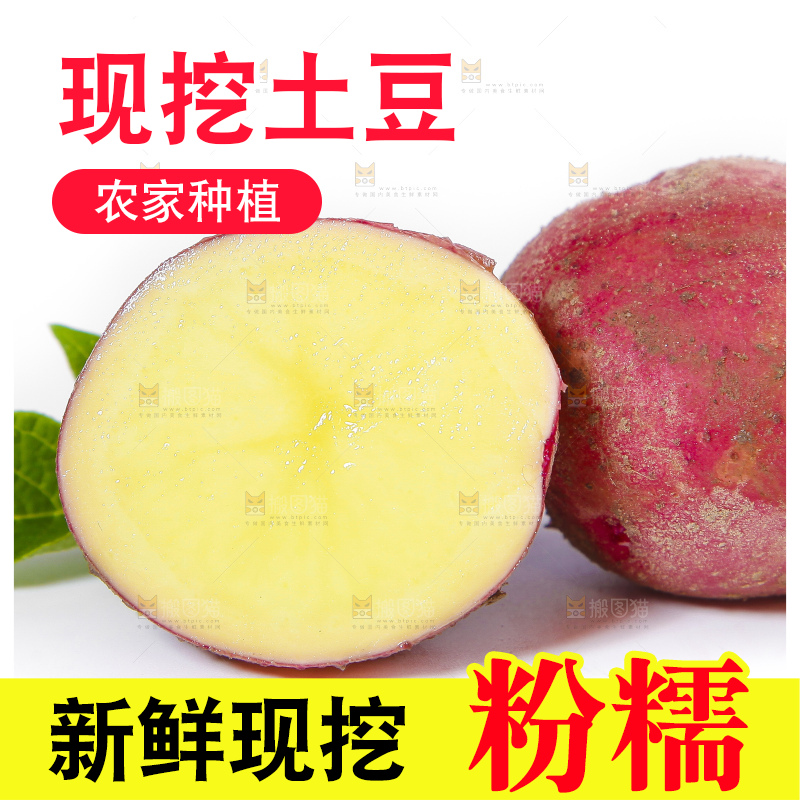 白底上摆放着红皮黄心土豆