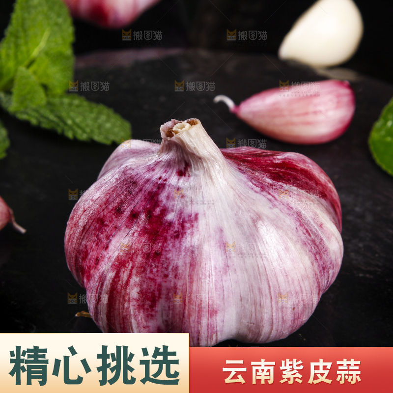 黑底上放着云南紫皮大蒜
