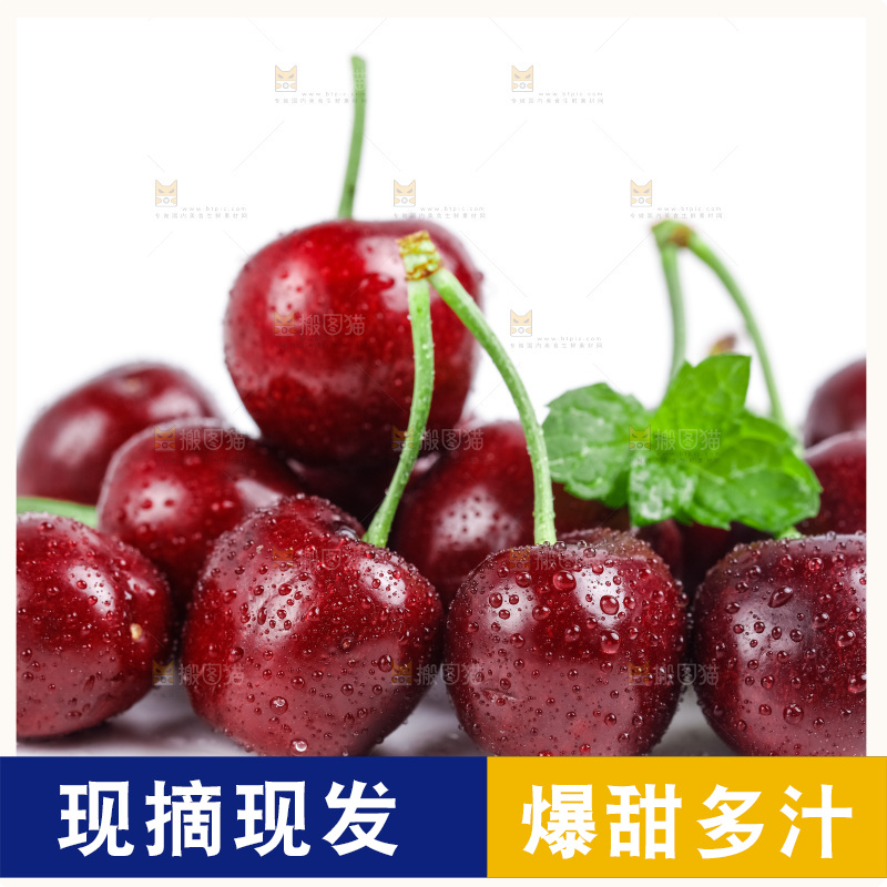 白底上摆放着一堆的黑珍珠樱桃