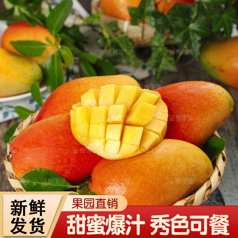石板上放着一筐新鲜的贵妃芒