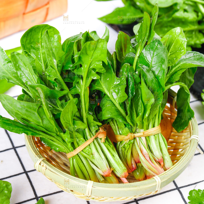 格子底上放着一堆绿色菠菜