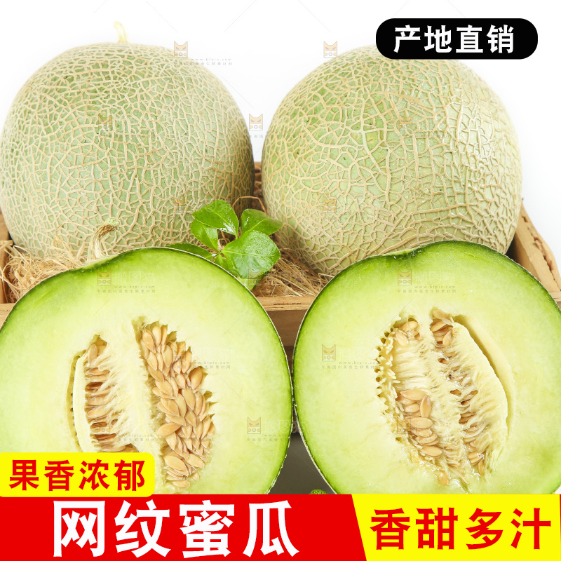 白底上放着新鲜玫珑网纹蜜瓜
