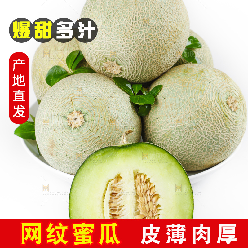 白底上放着新鲜网纹瓜
