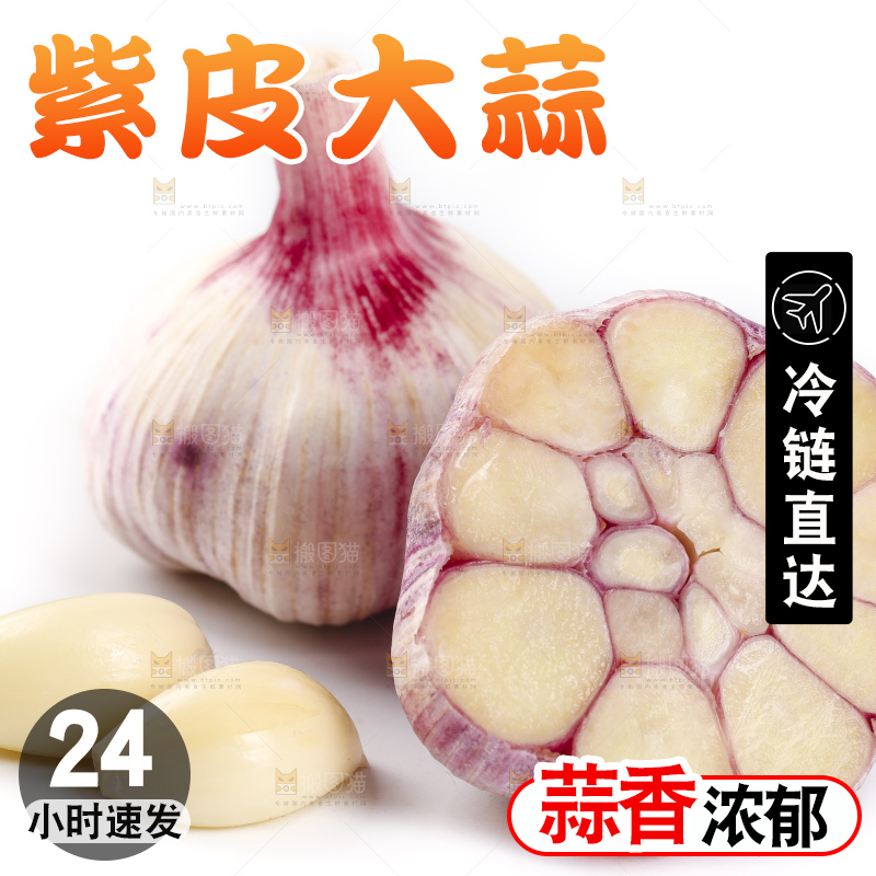 白底上放着新鲜紫皮大蒜头