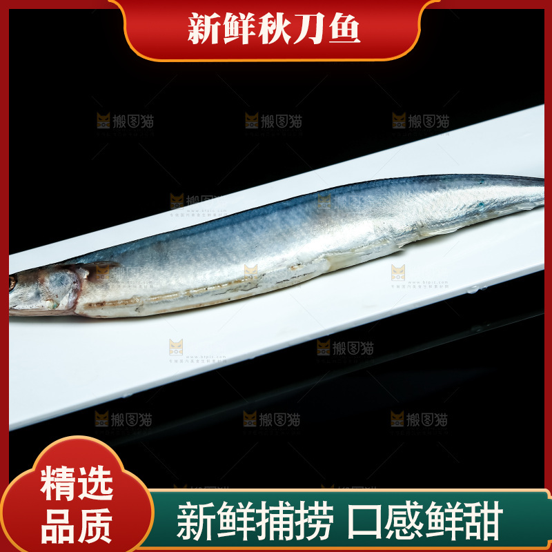 黑底上放着一盘秋刀鱼
