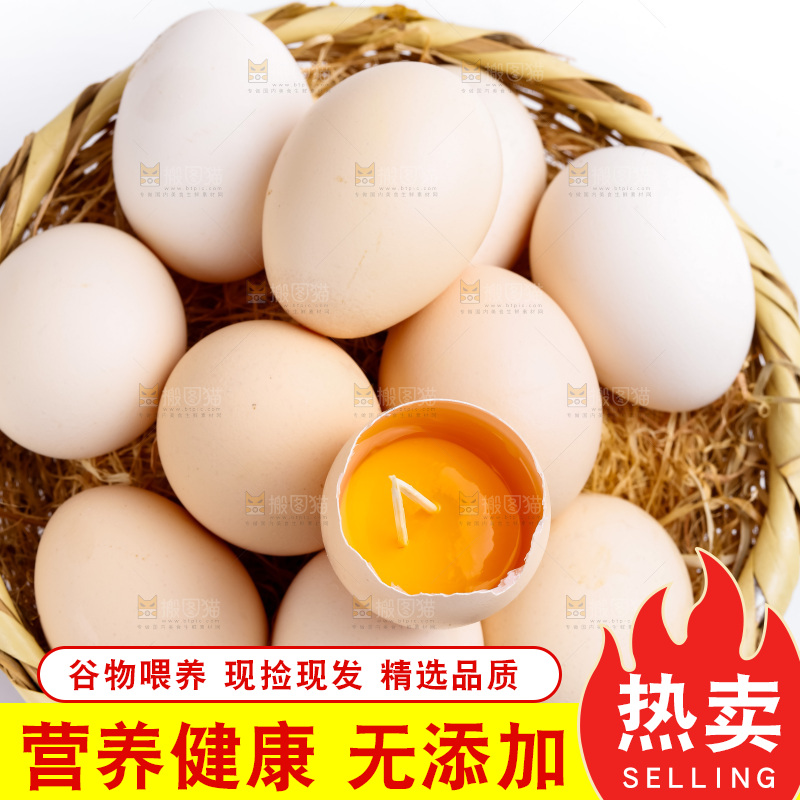 白底上放着散养鸡蛋