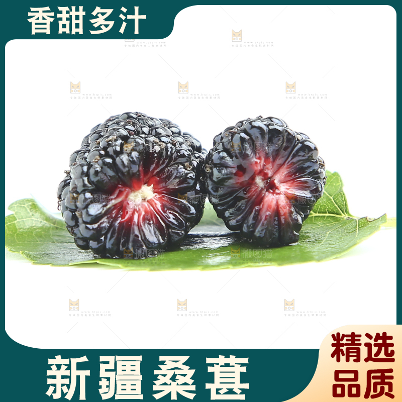 白底上的绿叶上放着两颗桑葚