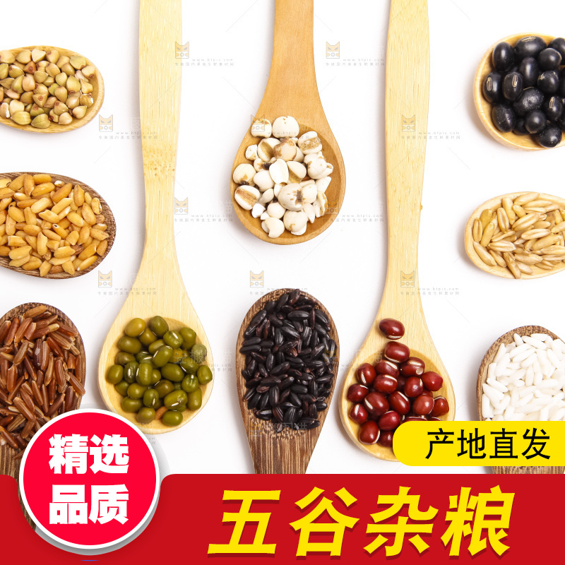 白底上勺子里的五谷杂粮