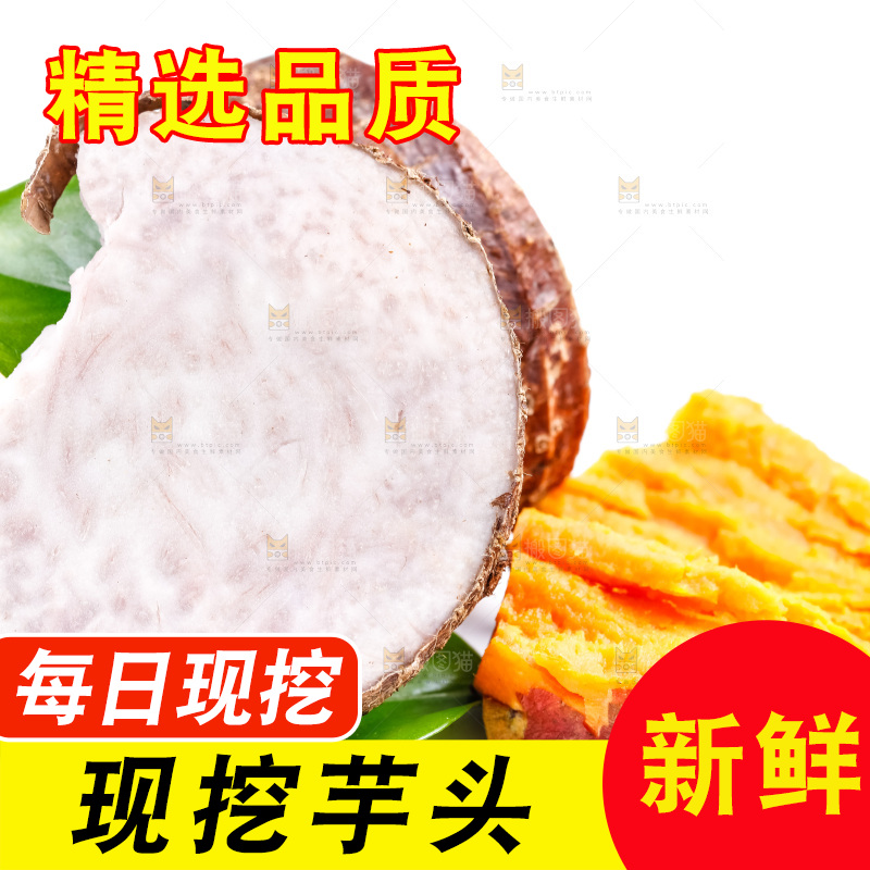 白底上的荔浦芋头和蜜薯