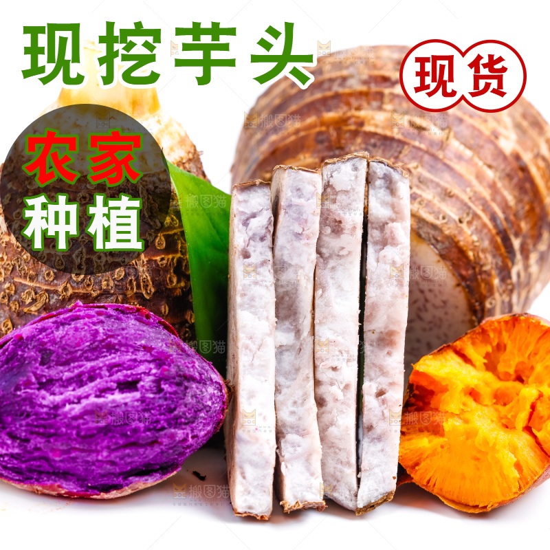 白底上放着荔浦芋头和地瓜