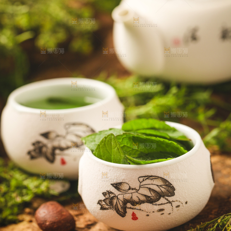 杯子里放着薄荷叶