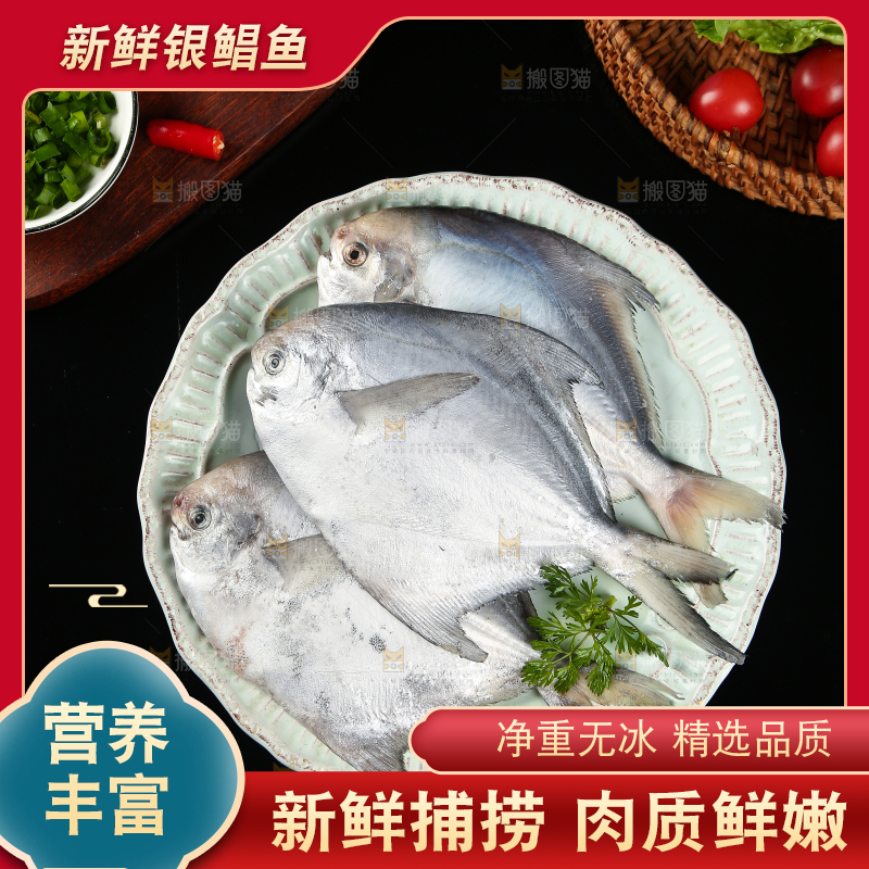 黑底上放着一盘海捕银鲳鱼