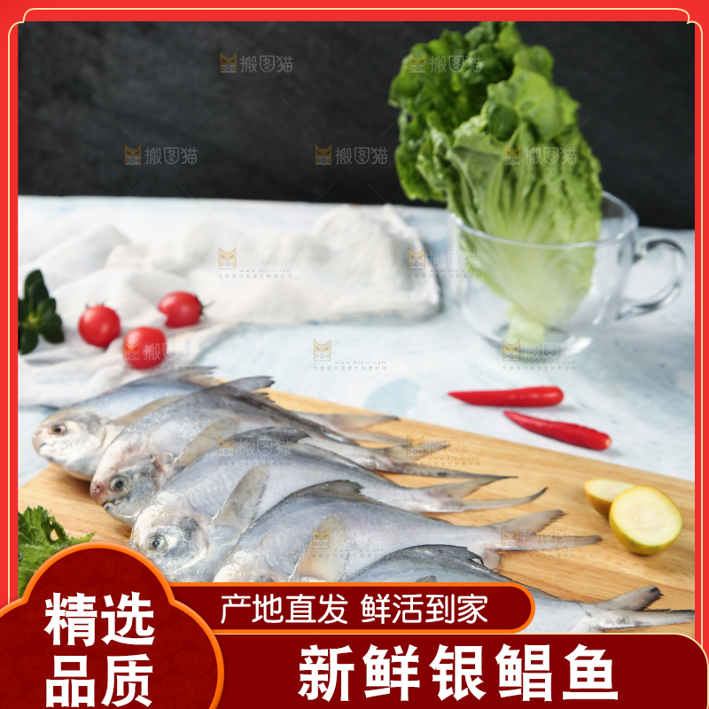 木板上摆放着银鲳鱼