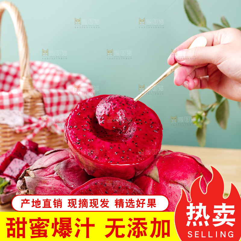 勺子是舀着红心火龙果果肉