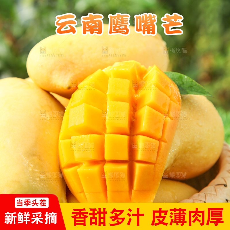 绿草地上放着一篮鹰嘴芒果