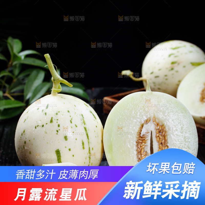 黑底上放着白露流星蜜瓜