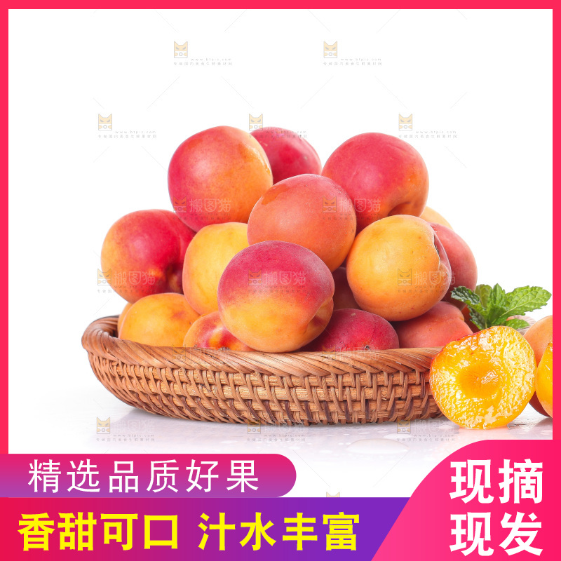 白底上摆放着一篮贵妃杏