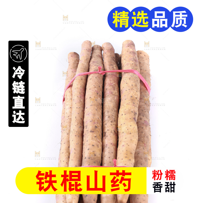 白底上的新鲜铁棍山药