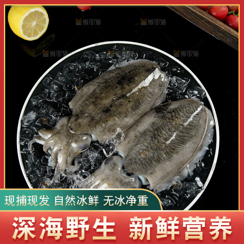 黑底上放着一盘北海墨鱼