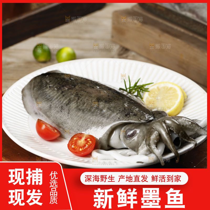 木板上放着一盘北海墨鱼