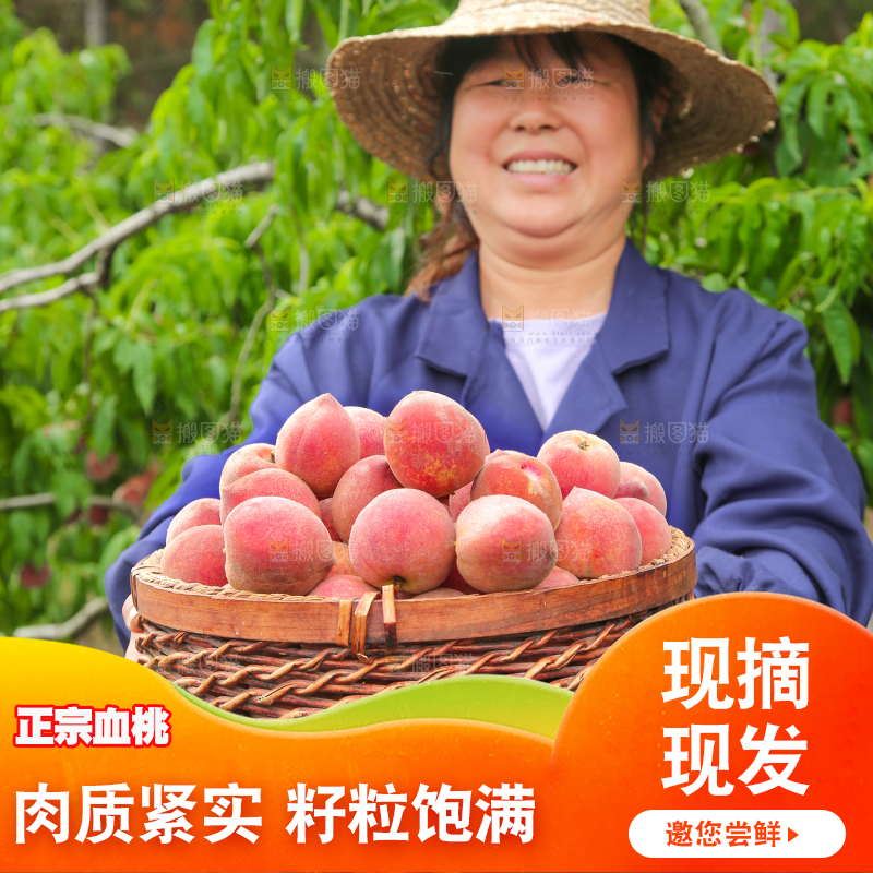 女人手上抱着一筐胭脂红桃子