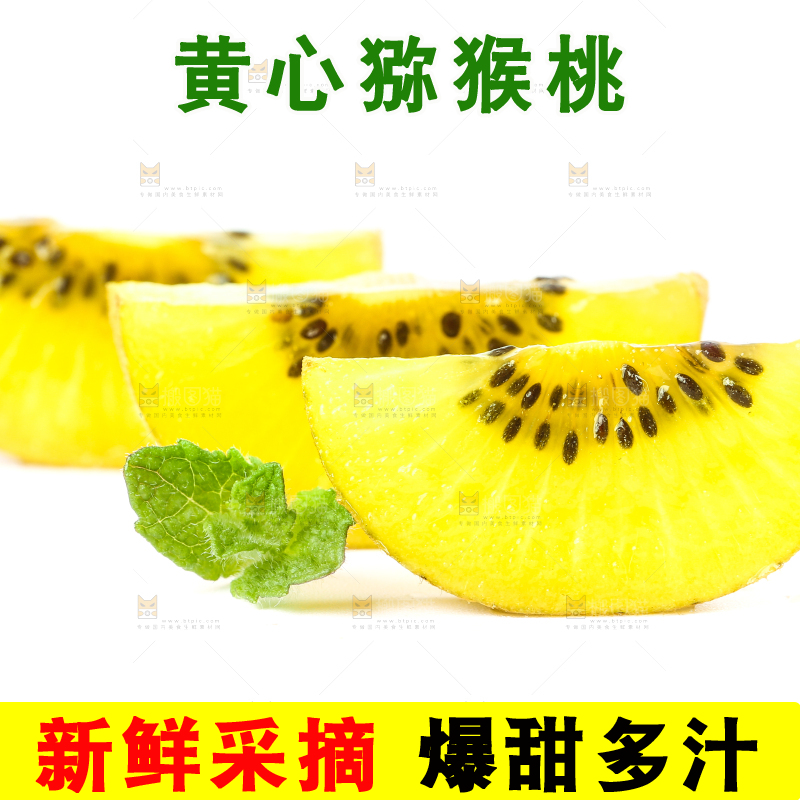 白底上的黄心猕猴桃果肉