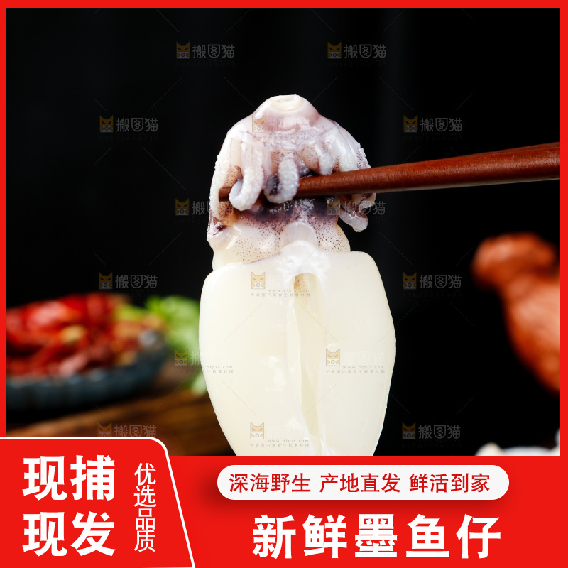 筷子上夹着去皮去内脏墨鱼仔