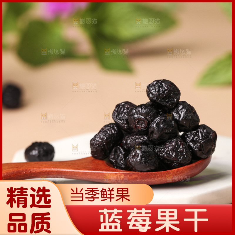 勺子上摆放着蓝莓果干