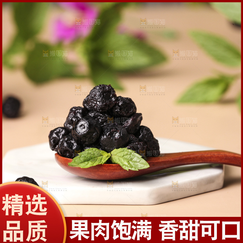 勺子上摆放着蓝莓果干