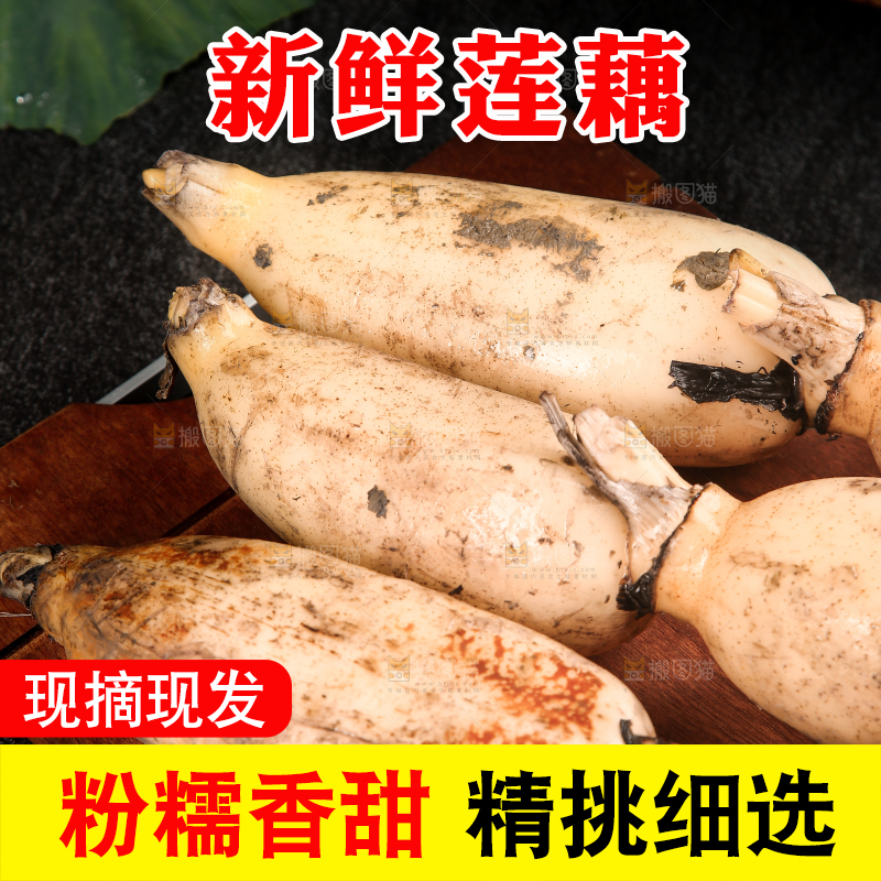 木板上放着新鲜莲藕