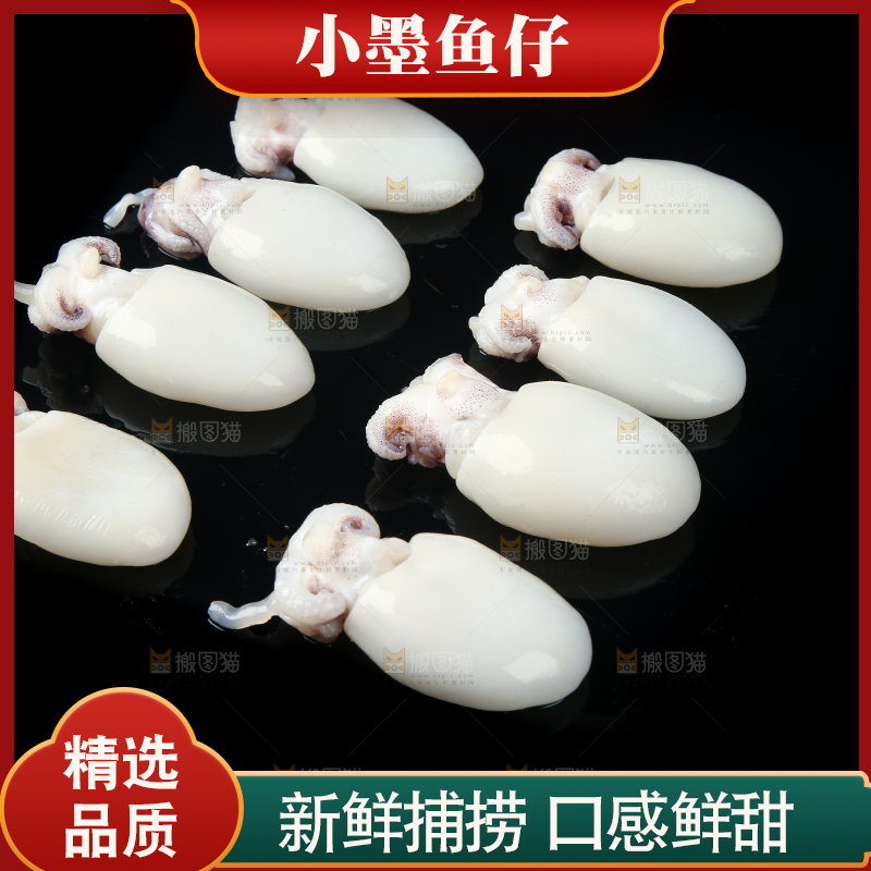 黑底上摆放着墨鱼仔